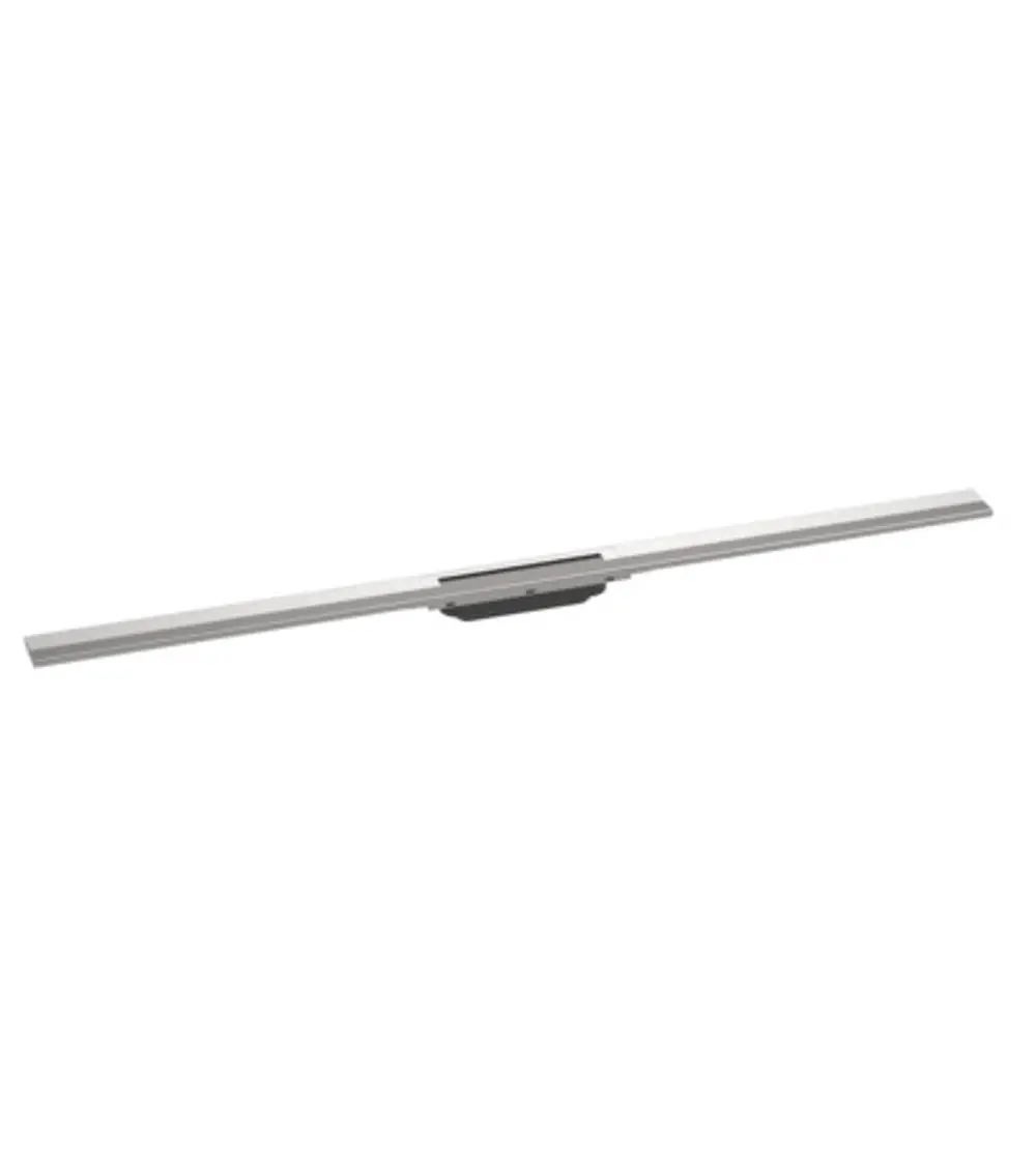 Edelstahl-Duschrinne von Hansgrohe mit schlanker Form und einer mittigen Ablauffläche. Erhöhte Flexibilität durch kürzbare Elemente für individuelle Installationen.